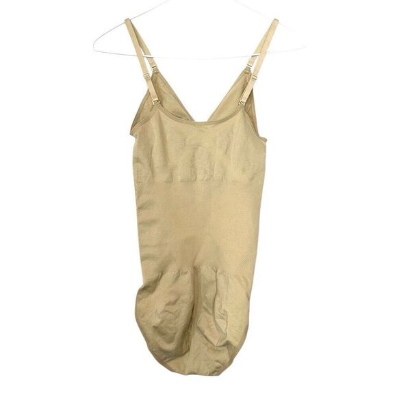 Nebility Ribbed V-Neck Stretch Tummy Control Shapewear Beige One-Piece Bodysuit - Picture 2 of 4